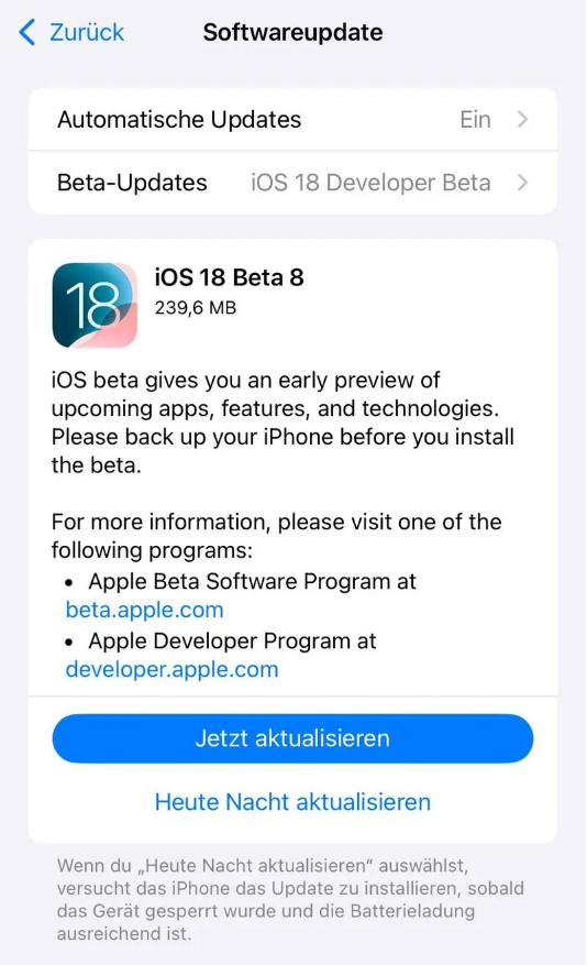 霍邱苹果手机维修分享苹果 iOS / iPadOS 18 开发者预览版 Beta 8 发布 